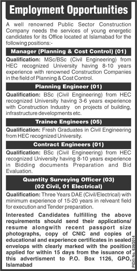 PO Box 1126 GPO Islamabad Jobs 2014 August in NCL Public Sector Construction Company