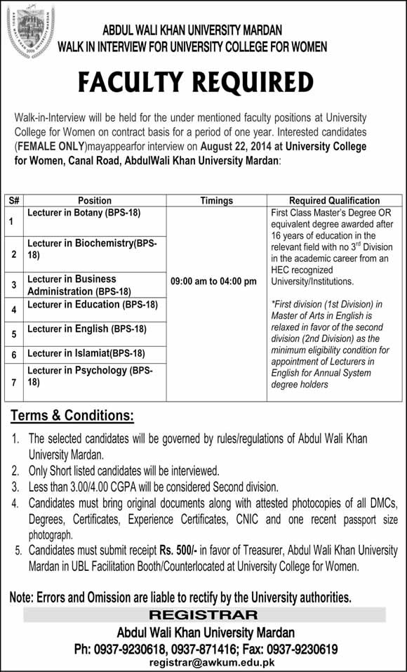 AWKUM Jobs 2014 August for Lecturers / Faculty in University College for Women Mardan