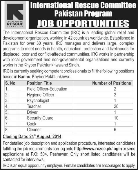 IRC Pakistan Jobs 2014 August for Teachers, Psychologist, Hygiene Officer & Other Staff