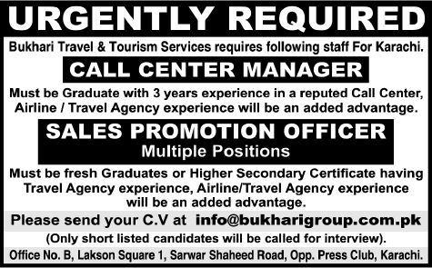 Call Center Manager & Sales Officer Jobs in Karachi 2014 August at Bukhari Travel & Tourism Services