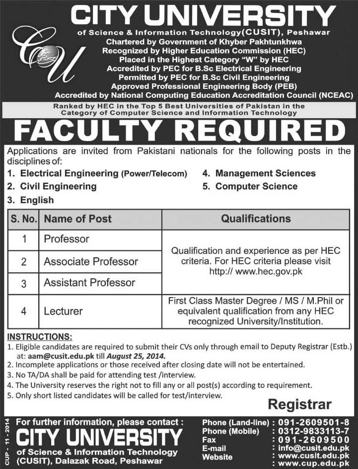 City University Peshawar Jobs 2014 August for Teaching Faculty / Professors / Lecturers
