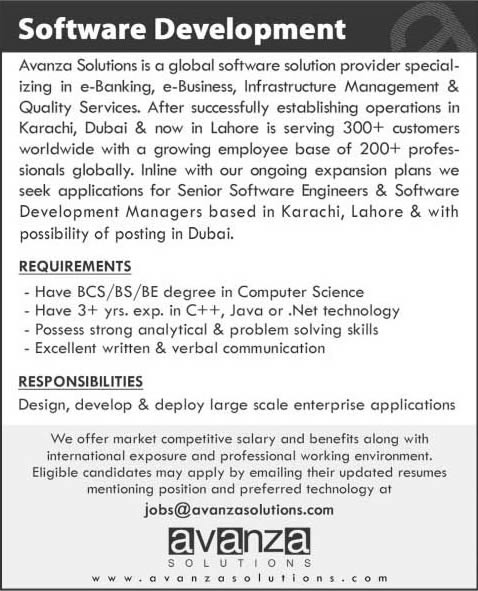Software Engineering Jobs in Karachi / Lahore / Dubai 2014 August at Avanza Solutions