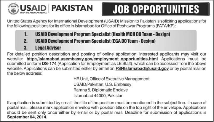 USAID Islamabad Jobs 2014 August for USAID Development Program Specialists & Legal Advisor