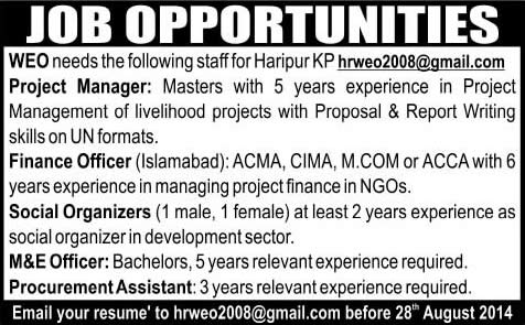 Project Manager, Finance / M&E Officer & Staff Jobs in Haripur / Islamabad 2014 August at WEO