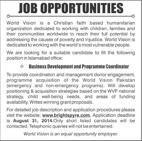 World Vision Pakistan Jobs 2014 August for Business Development & Programme Coordinator