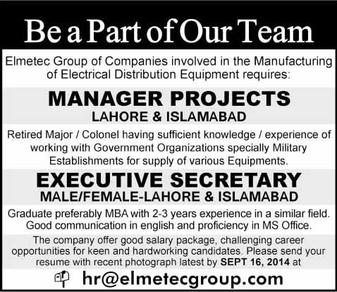 Elmetec Group Jobs 2014 September for Manager Projects & Executive Secretary