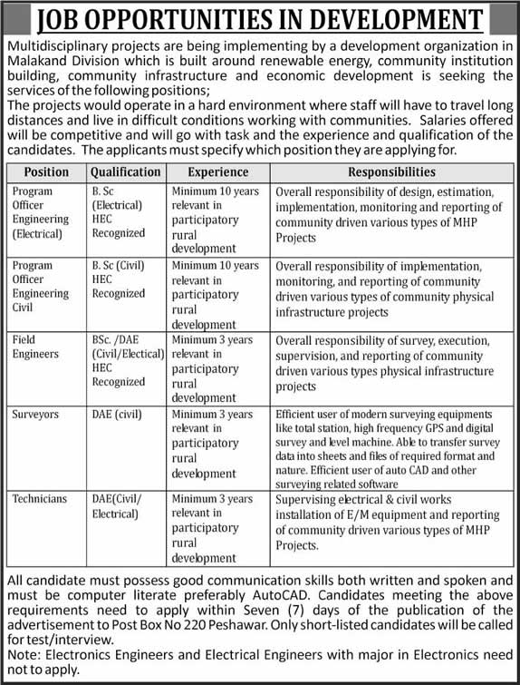 PO Box 220 Peshawar Jobs 2014 October Projects of a Development Organization