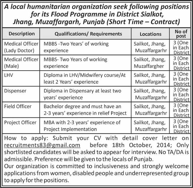 NGO Jobs in Punjab 2014 October for Medical Officers, Dispenser, LHV & Field / Project Officers