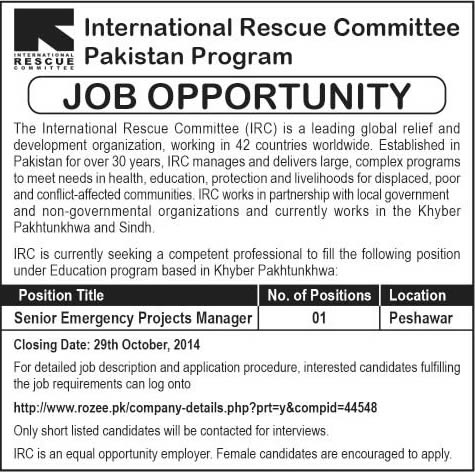 IRC Peshawar Jobs 2014 October Senior Emergency Projects Manager at International Rescue Committee