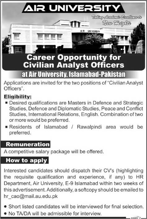 Civilian Analyst Officer Jobs in Air University Islamabad 2014 October Latest