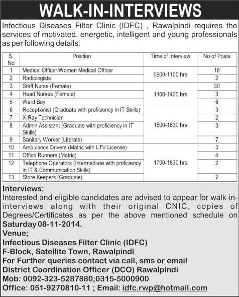 Infectious Diseases Filter Clinic (IDFC) Rawalpindi Jobs 2014 November Walk in Interview Schedule/Date