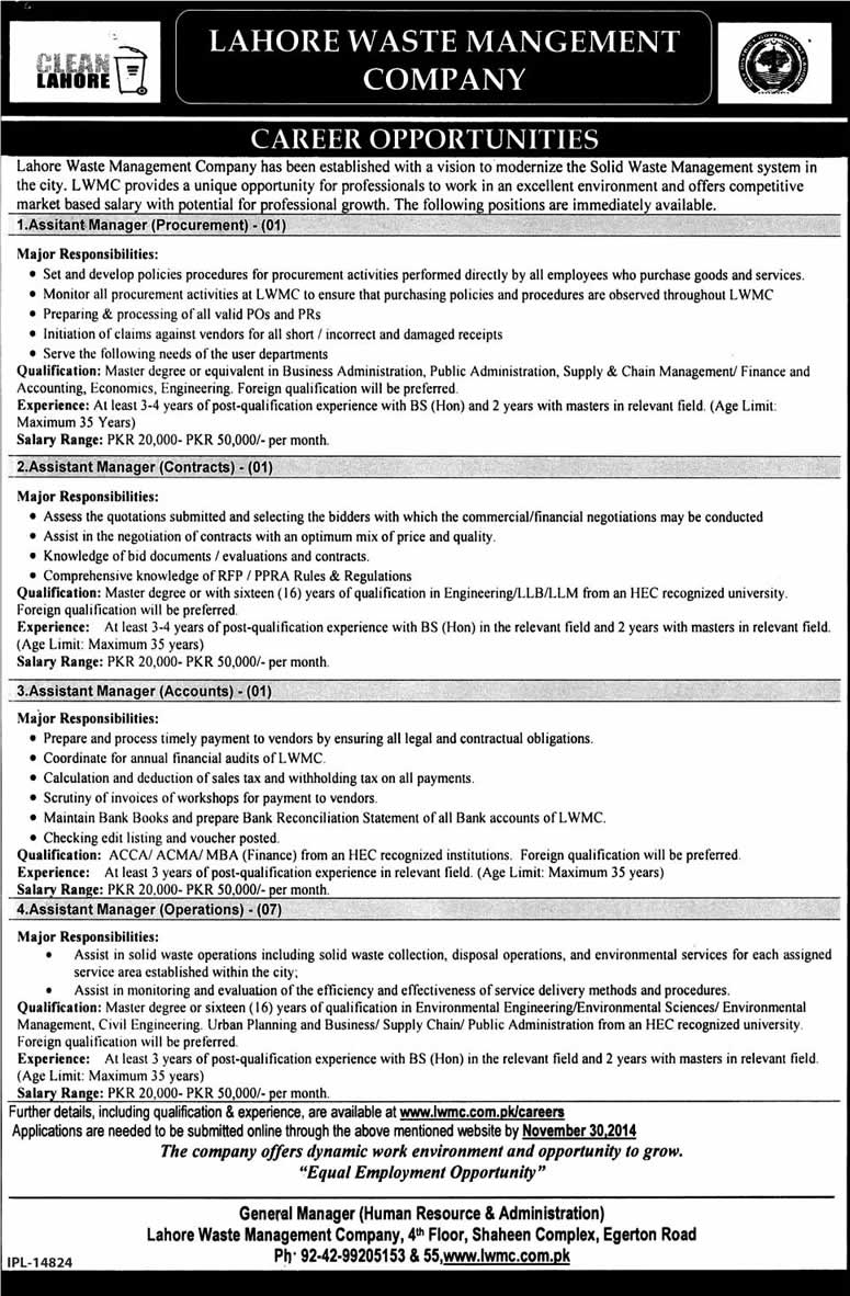 Lahore Waste Management Company Jobs November 2014 LWMC Apply Online