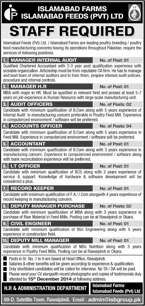 Islamabad Feeds Rawalpindi Jobs 2014 November Accounts & Admin Staff