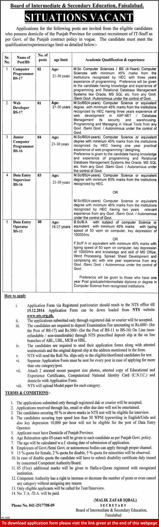 Board of Intermediate and Secondary Education Faisalabad Jobs 2014 November NTS Application Form