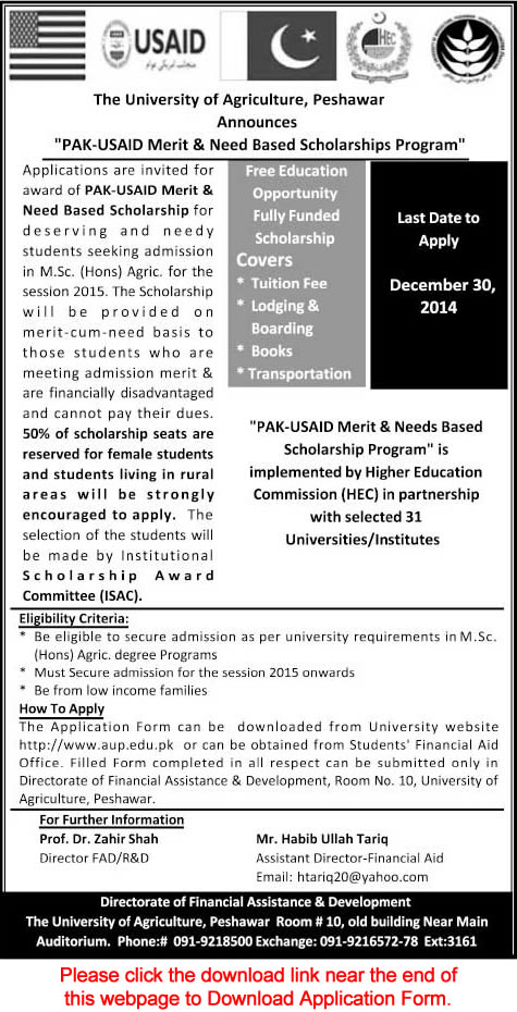 Pak USAID Scholarship 2014-2015 Application Form University of Agriculture Peshawar