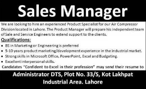 Sales Manager Jobs in Lahore 2014 December as Product Specialist for Air Compressor Division