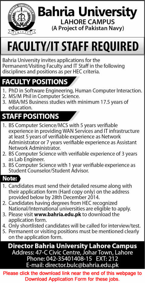 Bahria University Lahore Jobs 2014 December Application Form Teaching Faculty & IT Staff
