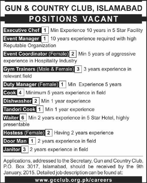 Gun & Country Club Islamabad Jobs December 2014 / January 2015 Latest