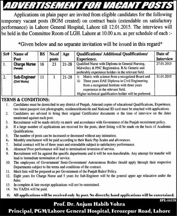 Lahore General Hospital Jobs 2014 December / 2015 Charge Nurses & Civil Engineer Interview Schedule