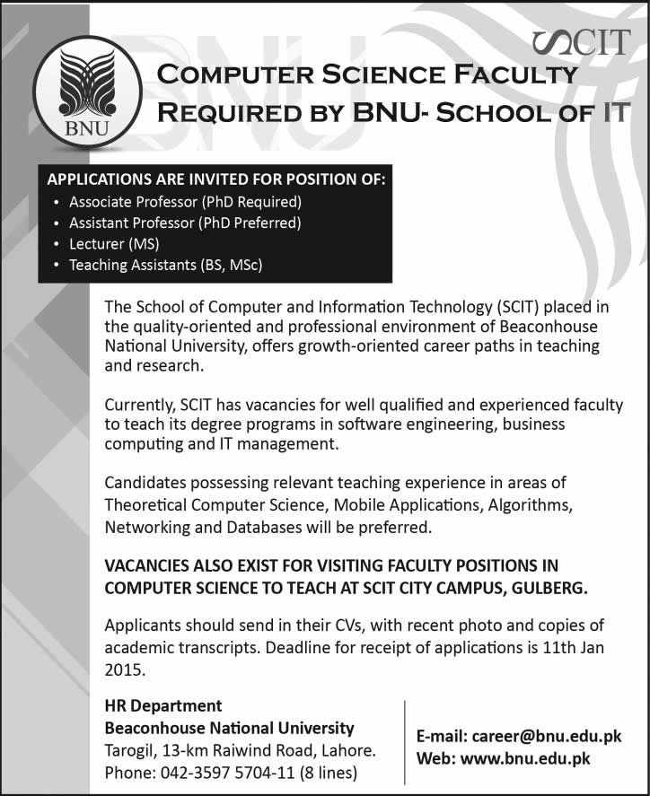 Beaconhouse National University Lahore Jobs 2015 Computer Science Faculty at SCIT
