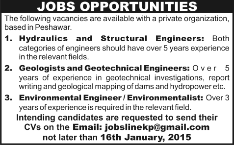 Engineering Jobs in Peshawar 2015 Hydraulic, Structural, Geologist, Geotechnical & Environmental
