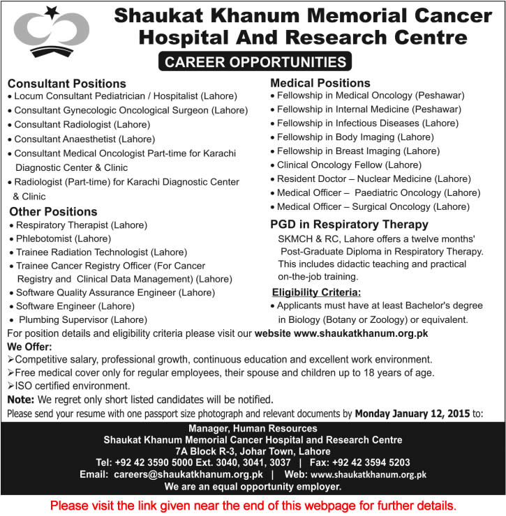 Shaukat Khanum Hospital Jobs 2015 Latest Medical, Consultant & Other Positions