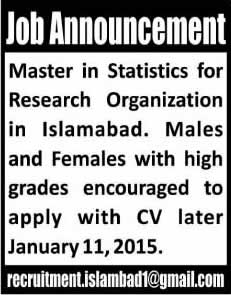 M.Sc. Statistics Jobs in Islamabad 2015 in Research Organization