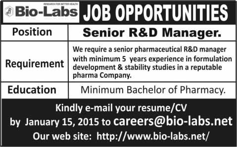Pharmacist Jobs in Islamabad 2015 as Senior R&D Manager in Bio-Labs Pvt. Ltd