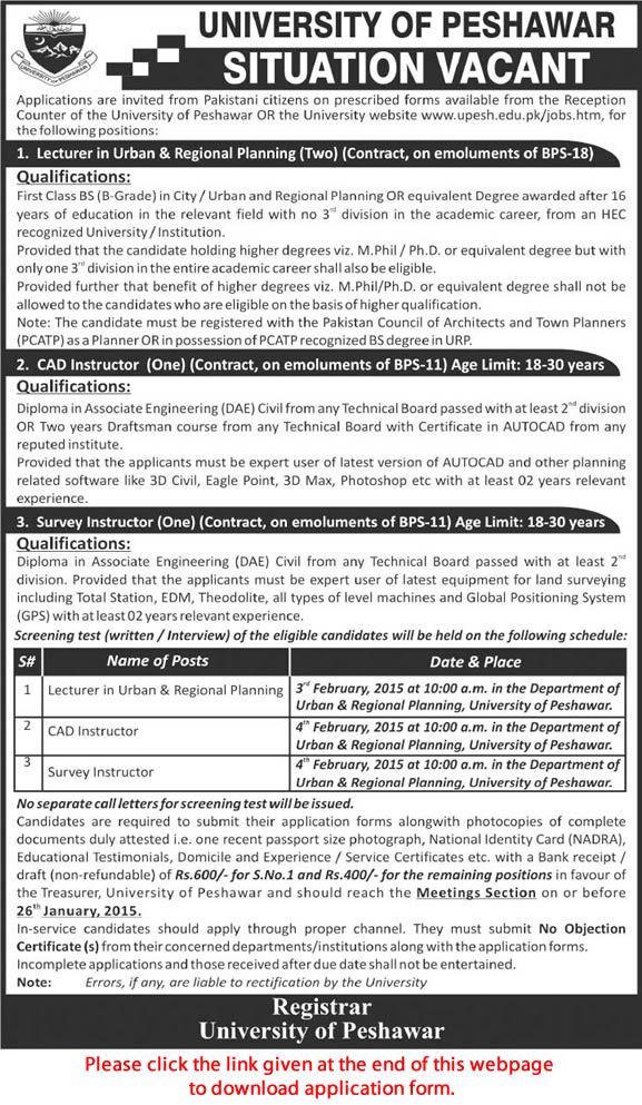 University of Peshawar Jobs 2015 Lecturers & CAD / Survey Instructors Application Form Download