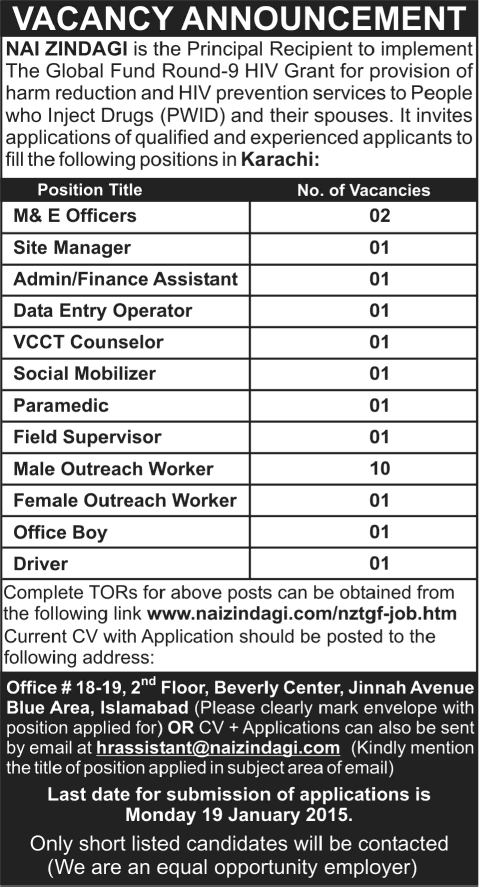 Nai Zindagi Jobs 2015 in Karachi Outreach Workers, M&E Officers, Admin & Support Staff