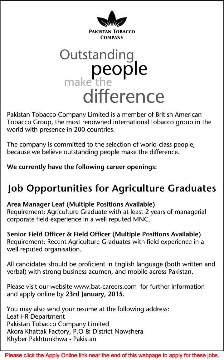 Pakistan Tobacco Company Jobs 2015 Apply Online Agriculture Graduates & Field Officers