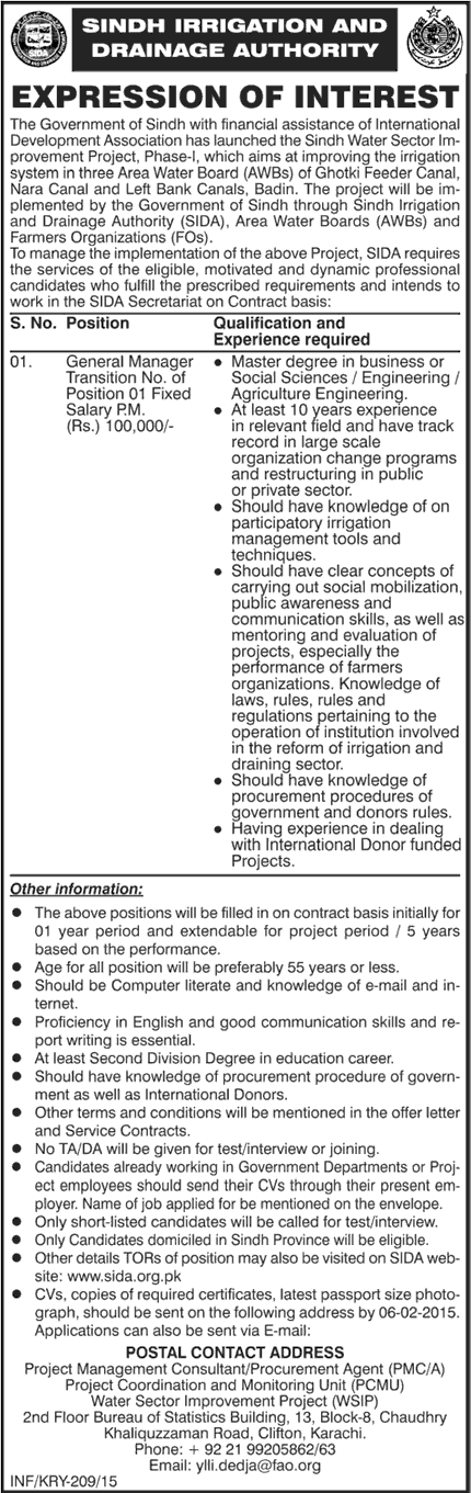 General Manager Transition Jobs in Sindh Irrigation and Drainage Authority 2015 Latest