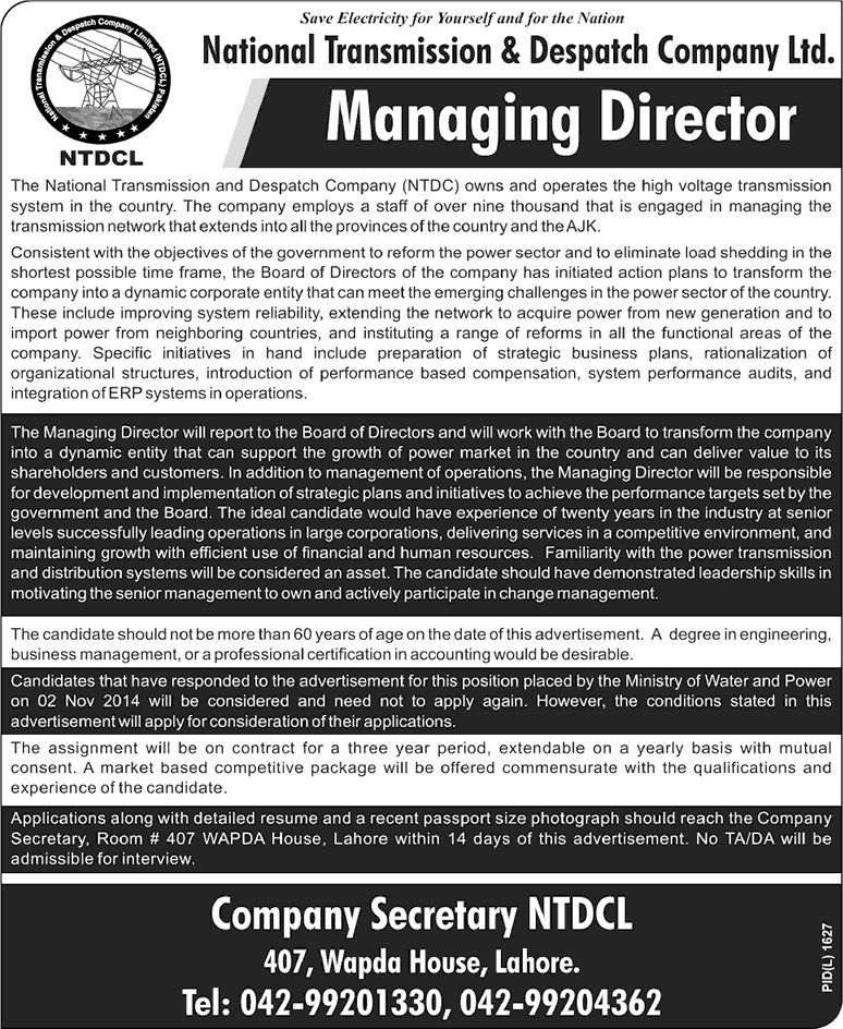Managing Director NTDCL Jobs 2015 National Transmission & Dispatch Company Limited
