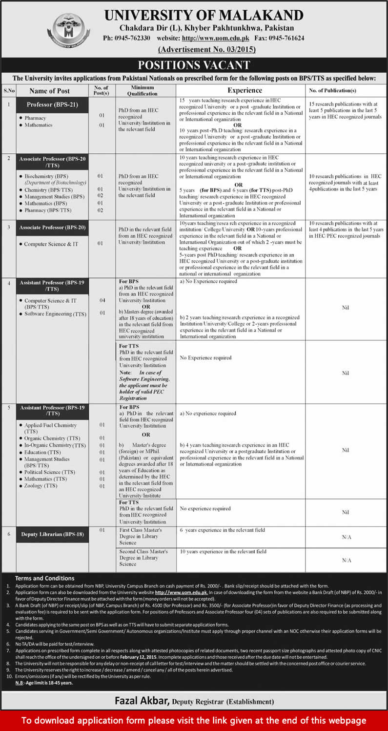 University of Malakand Jobs 2015 Application Form for Teaching Faculty & Librarian