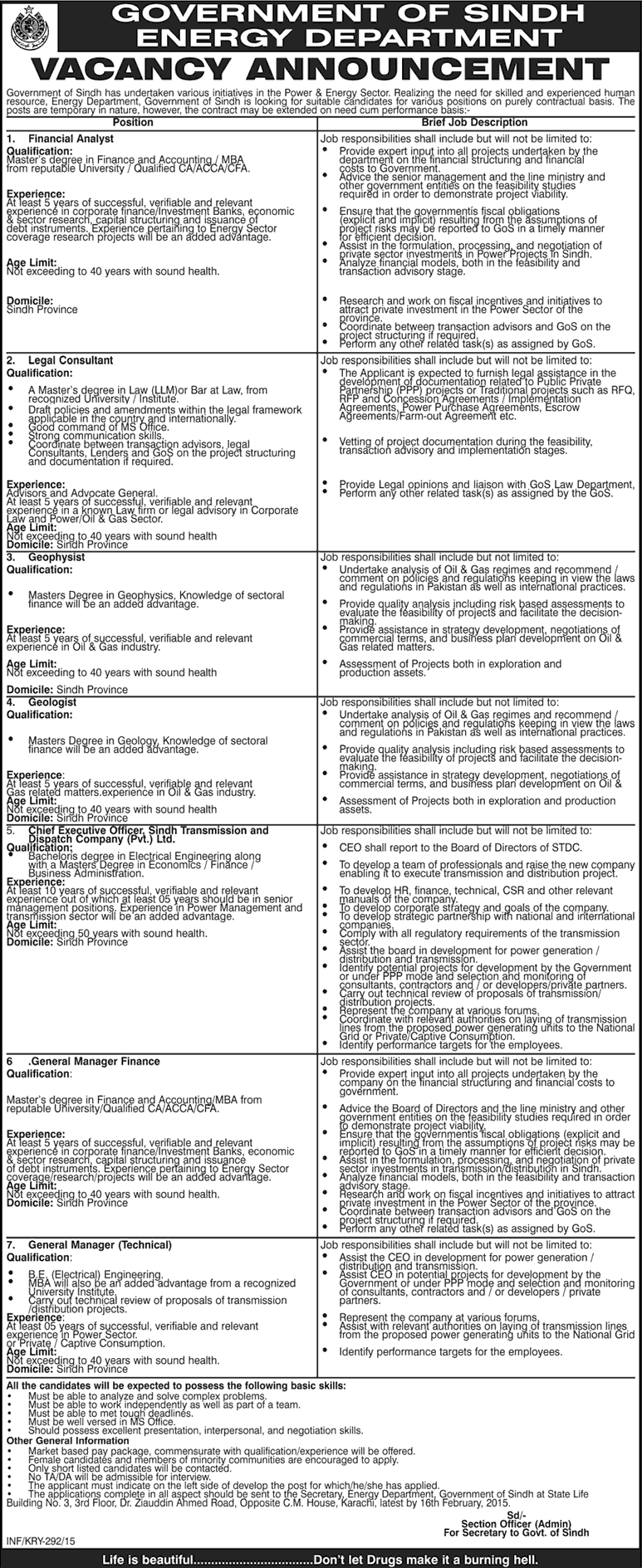 Energy Department Sindh Jobs 2015 Geologist, Geophysicist, Finance Manager / Analyst & Others