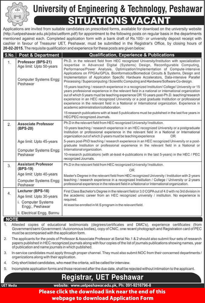 UET Peshawar Jobs 2015 Computer System / Electrical Engineering Faculty Application Form