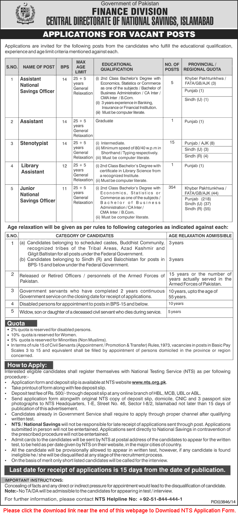 National Savings Officer Jobs 2015 NTS Application Form Download Junior / Assistant Latest / New