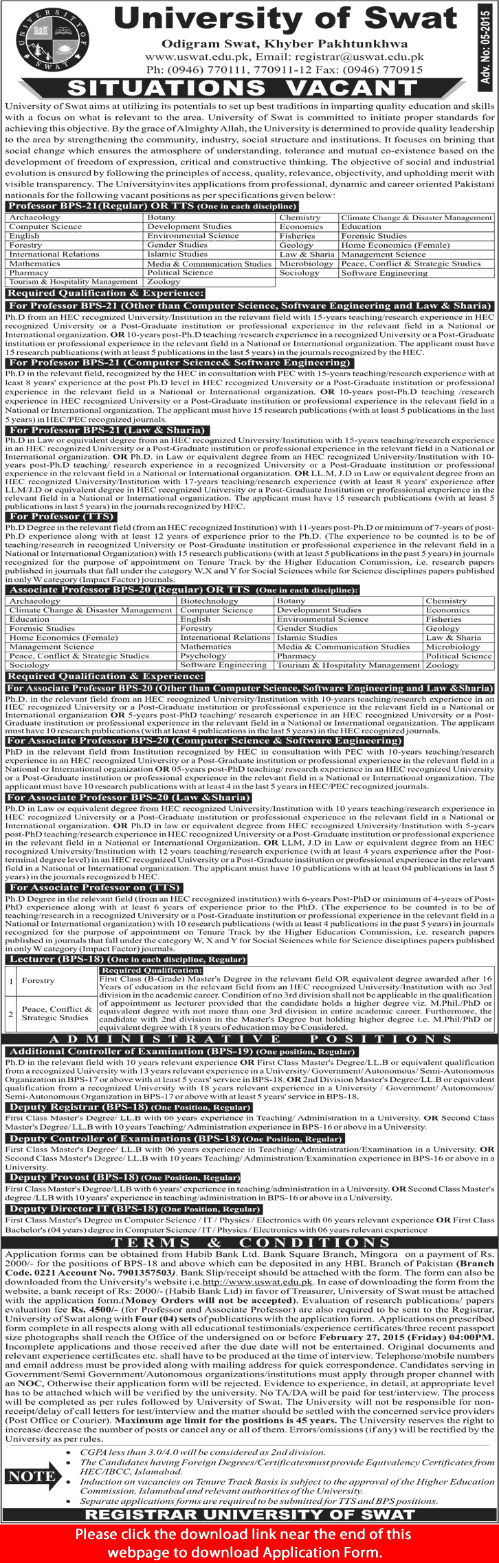 University of Swat Jobs 2015 February Application Form Teaching & Admin Staff Latest