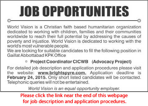 World Vision Pakistan Jobs 2015 February for Project Coordinator CICWB Latest