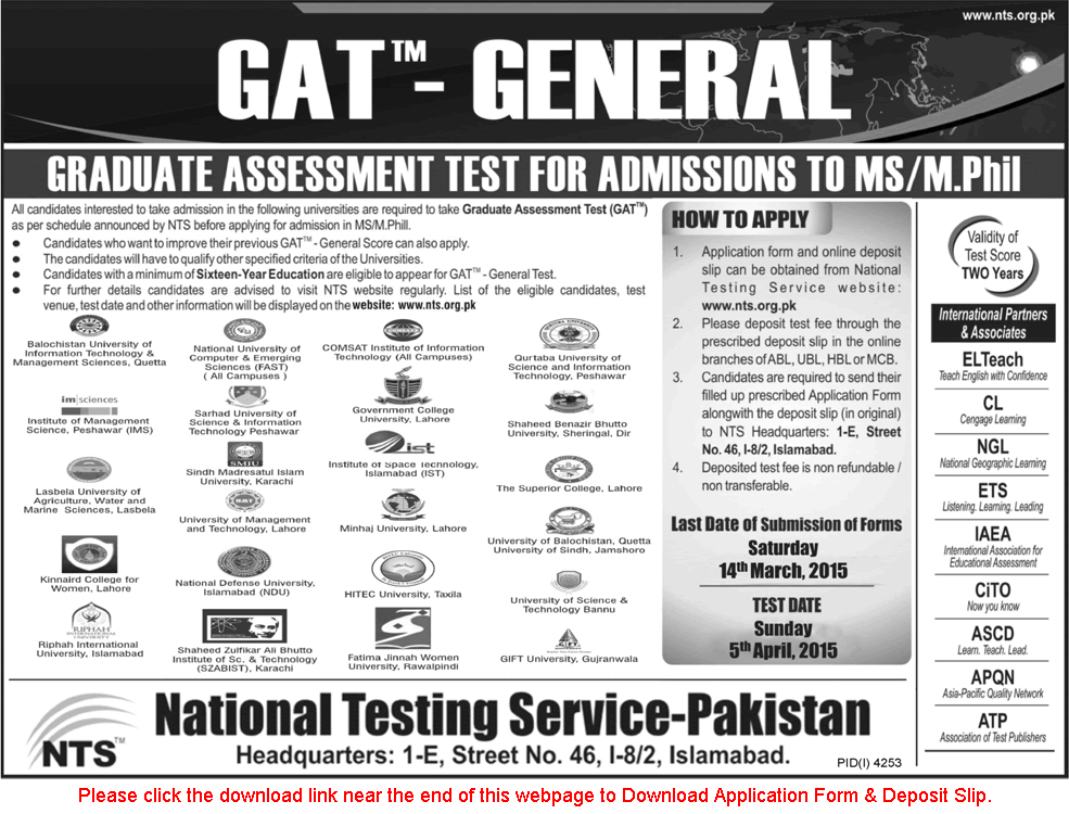 NTS GAT General Test Schedule 2015 February / March MS / M. Phil Admissions
