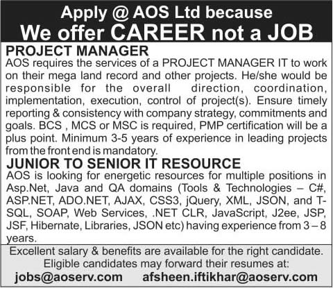 IT Project Manager & Software Engineering Jobs in Lahore 2015 February Accountancy Outsourcing Services