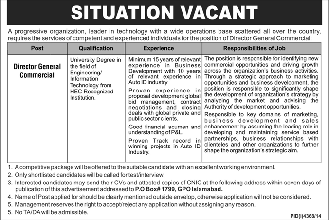 PO Box 1799 Islamabad Jobs 2015 February / March Director General Commercial Latest