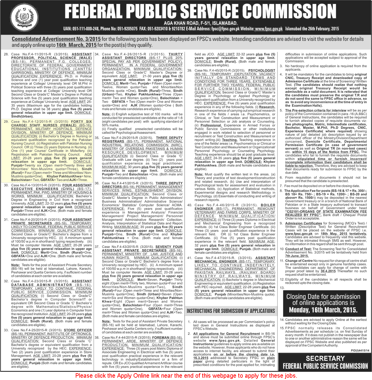 FPSC Nursing Jobs 2015 March in Military Hospitals Ministry of Defence Pakistan Charge / Staff Nurses