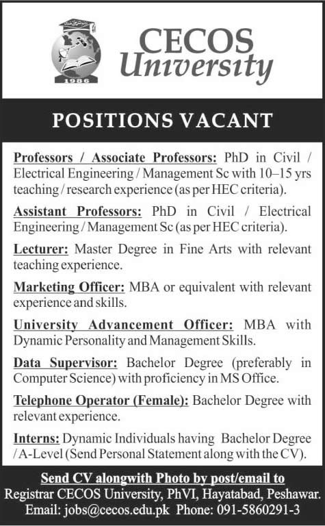 CECOS University Peshawar Jobs 2015 March Teaching Faculty, Marketing Officer, Interns & Other