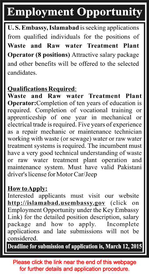 US Embassy Islamabad Jobs 2015 March Waste and Raw Water Treatment Plant Operators Latest
