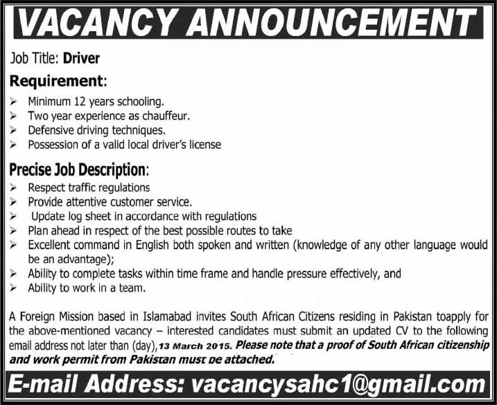South African Embassy Islamabad Driver Jobs 2015 March South African Citizen for High Commission