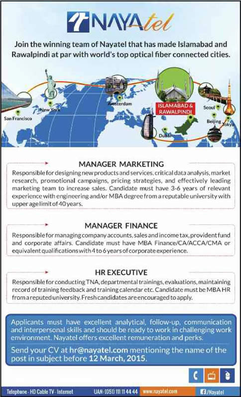 Nayatel Islamabad / Rawalpindi Jobs 2015 March for Marketing / Finance Manager & HR Executive Latest