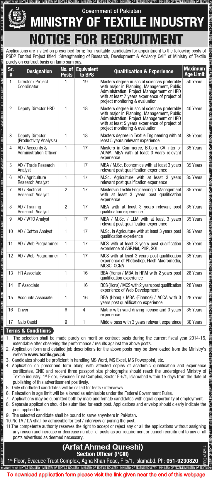 Ministry of Textile Industry Jobs 2015 March Application Form Download Pakistan Latest