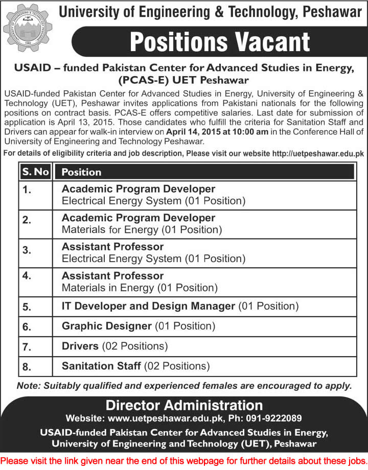 UET Peshawar Jobs 2015 March / April Pakistan Center for Advanced Studies in Energy PCAS-E