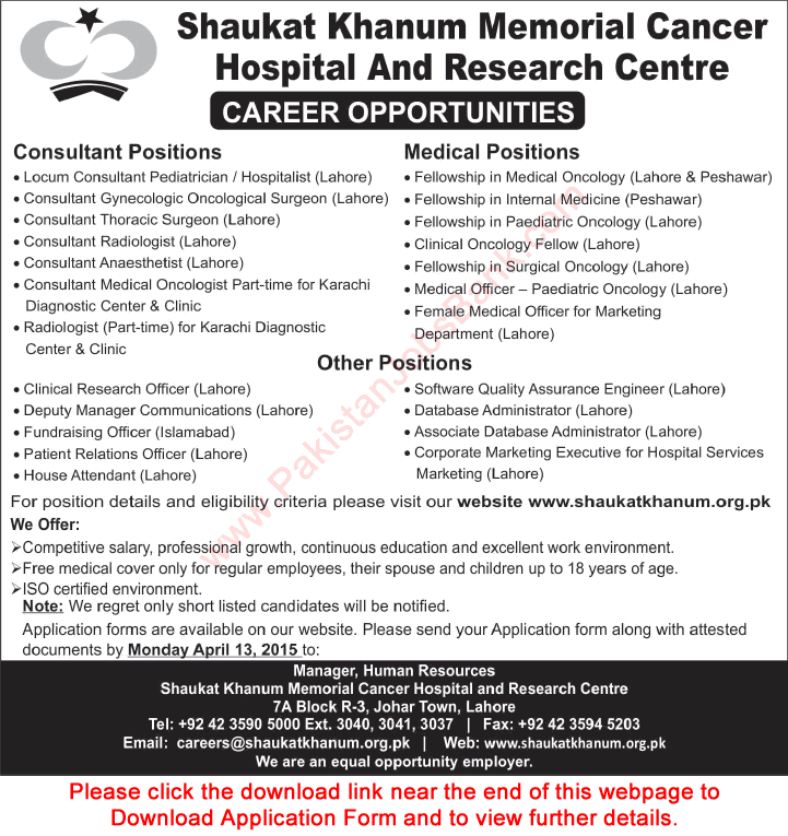 Shaukat Khanum Hospital Jobs 2015 April Application Form Medical Consultants, Fellows & Others